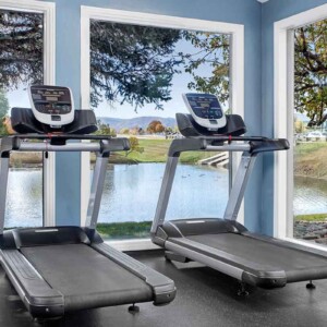fitness center treadmills with a view of lake
