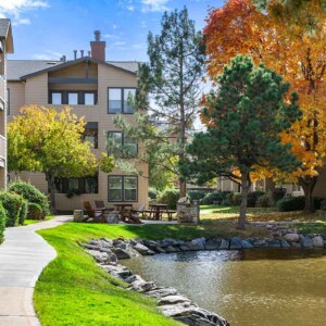 building overlooking the lake in the fall