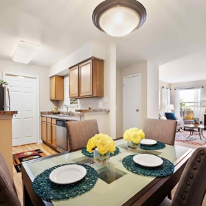 open kitchen and dining area in model home